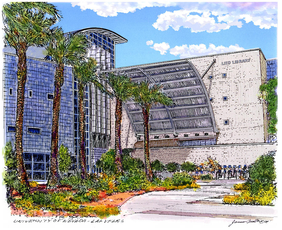 Watercolor Drawing - UNLV- Lied Library by James Beath