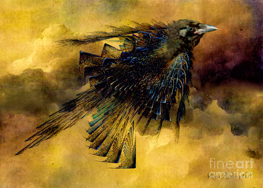 Bird in flight and fractal Mixed Media by Kira Bodensted