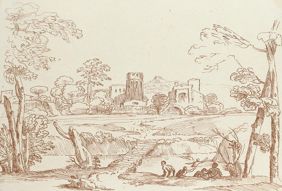 Untitled - Pastoral Scene with Castle Relief by George Knapton