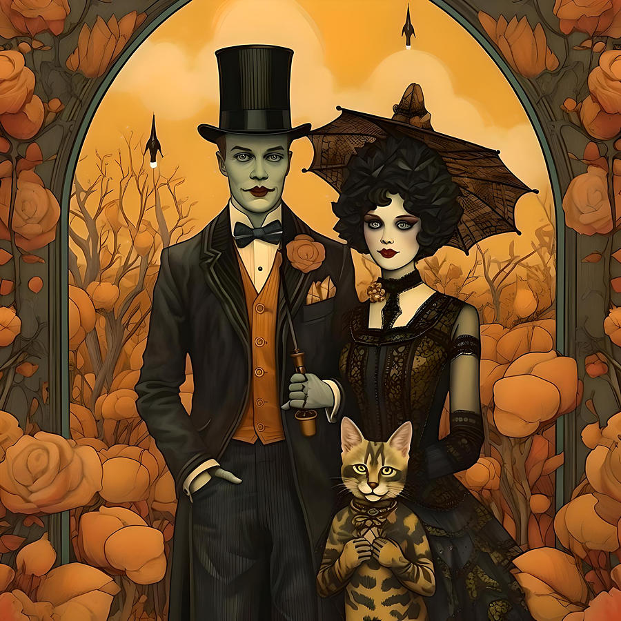 Unusual Vintage Style Gothic  Couple with standing Cat Digital Art by Caterina Christakos