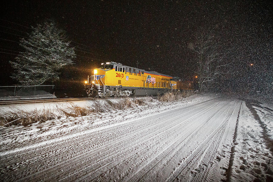 UP 2613 at Night in the Snow Photograph by Greg Booher