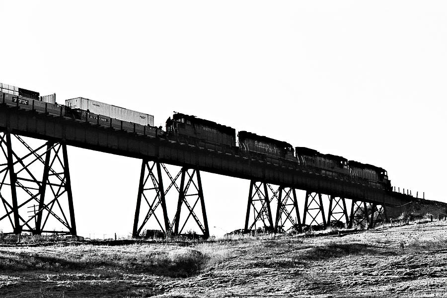 Up in the Air -- Southern Pacific Freight Train Crossing a Bridge in San Luis Obispo, California Photograph by Darin Volpe