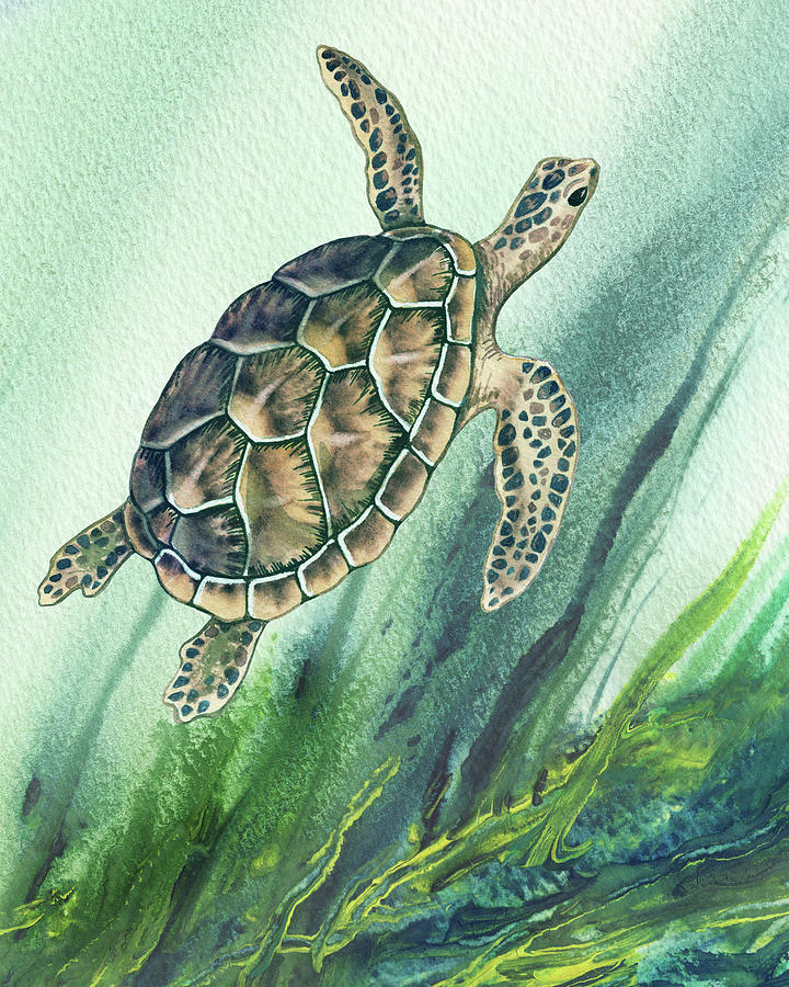 Up To The Surface Giant Sea Turtle Watercolor  Painting by Irina Sztukowski