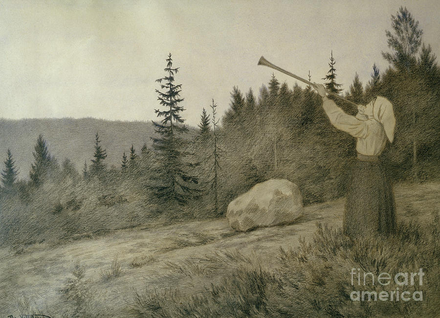 Up under the mountain a sound from a woodwind instrument, 1902 Painting by O Vaering by Theodor Kittelsen