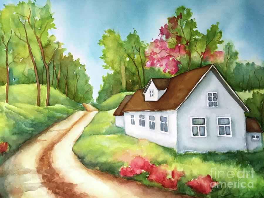 Landscape Painting - Uphill, rural house by Inese Poga