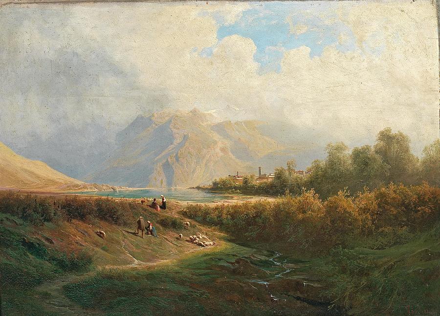 Up Movie Drawing - Upper Italian Town on a Lakeshore with Herd of Sheep and Shepherd in the foreground art by Leopold Heinrich Voscher Austrian