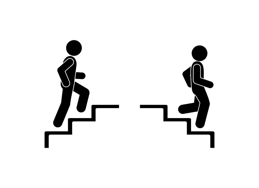 Upstairs-downstairs icon sign.Man walking up the steps stick figure pictogram. Drawing by Undefined Undefined