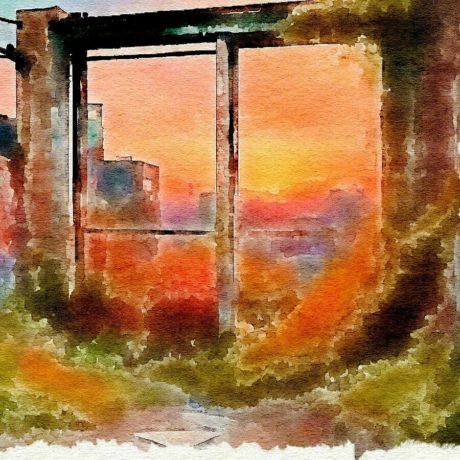 Sunset Digital Art - Urban abandoned window frame sunset  by Silver Pixie