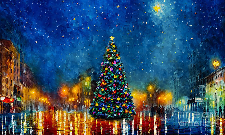 Christmas Tree On A Festive Starry Night Mixed Media