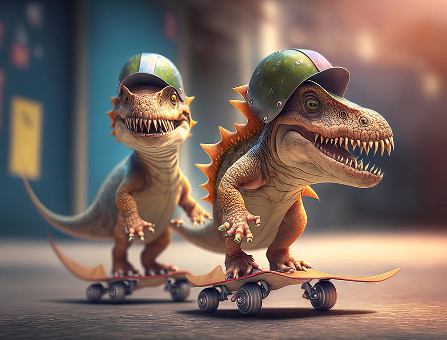 Urban dinosaur skaters Digital Art by Karen Foley