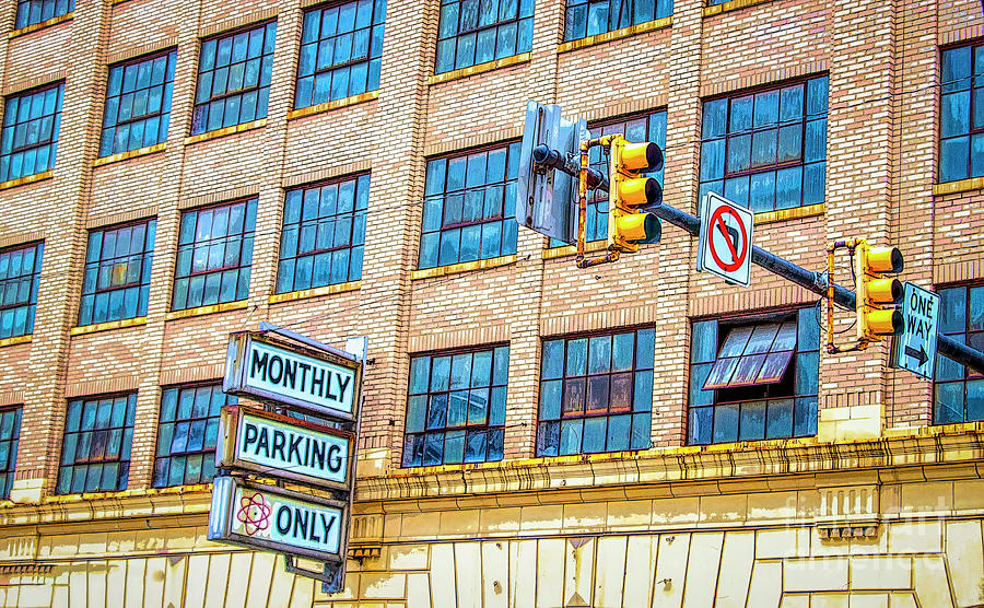 Transportation Photograph - Urban Garage Monthly Parking Only by Janice Pariza