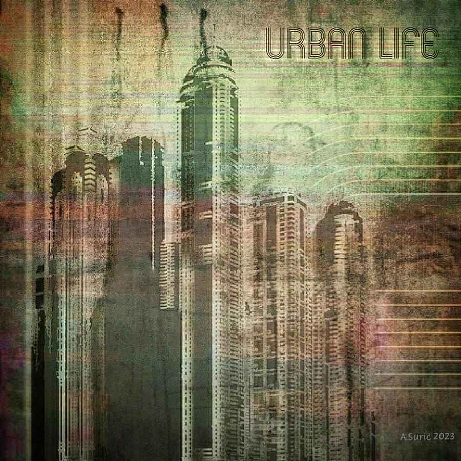 Urban Life. Cityscape Abstract In Vintage Rust Mixed Media