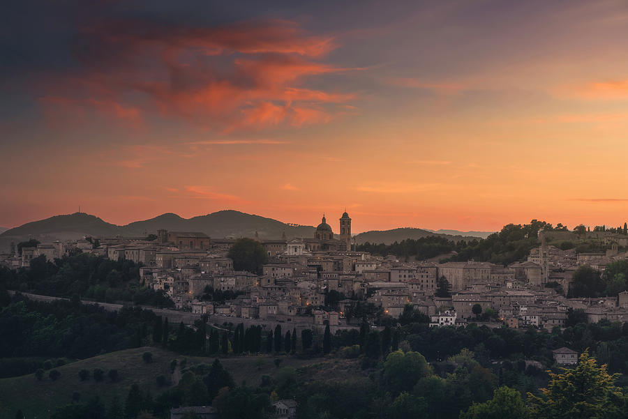 Urbino city skyline after sunset. Italy. Photograph by Stefano Orazzini