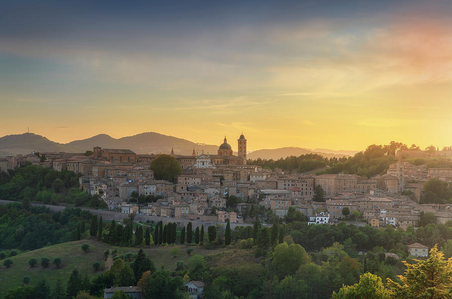 Urbino city skyline at sunset. Marche, Italy Photograph by Stefano Orazzini