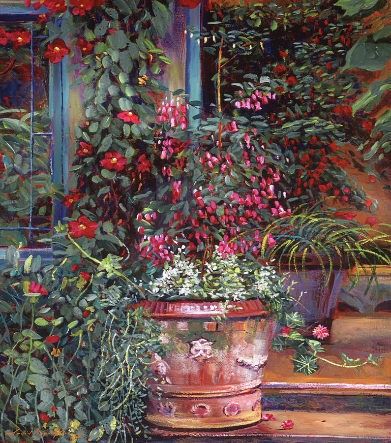 Urn Planter On The Steps Painting by David Lloyd Glover