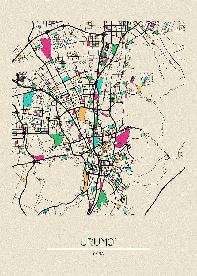 Memento Movie Drawing - Urumqi, China City Map by Inspirowl Design