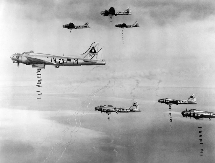 Airplane Photograph - US Air Force Planes Dropping Bombs Over Germany - 1945 by War Is Hell Store