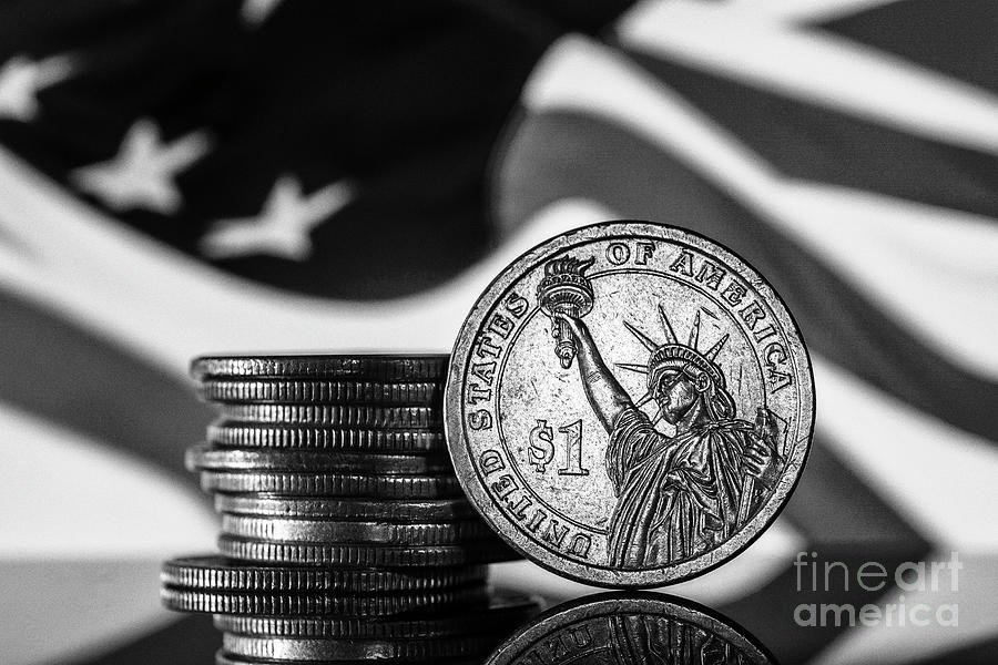US Dollar Coin American Flag Background Stack of Coins Black and White Macro Photograph by Pablo Avanzini