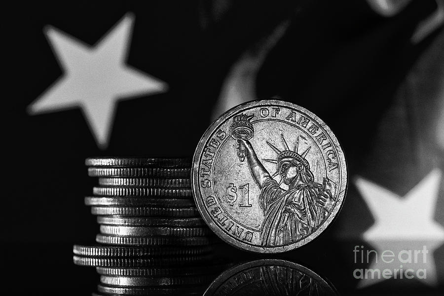 US Dollar Coin European Union Flag Background Stack of Coins Black and White Macro Photograph by Pablo Avanzini
