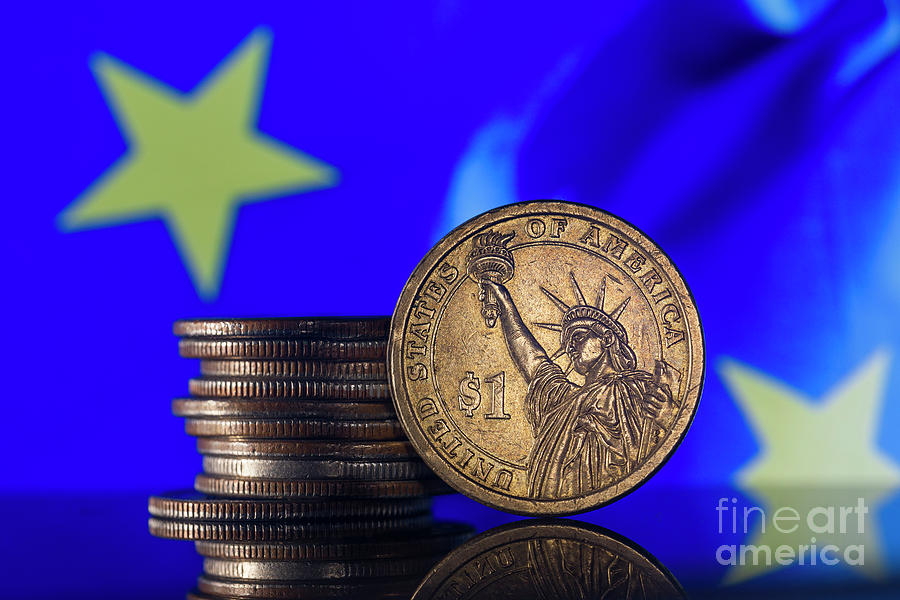 US Dollar Coin European Union Flag Background Stack of Coins Photograph by Pablo Avanzini