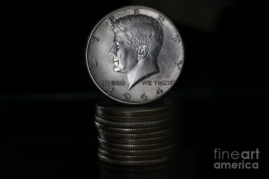 US Half Silver Dollar John Fitzgerald Kennedy 1964 Coin Stacks Black Background Photograph by Pablo Avanzini