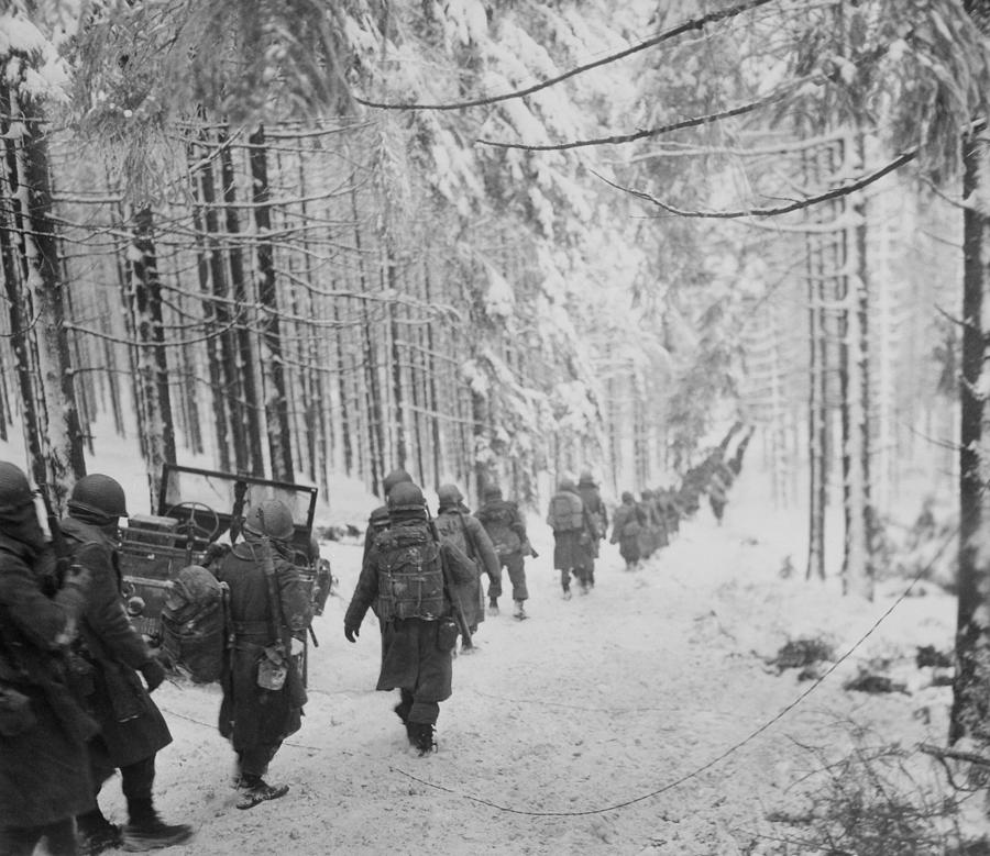 US Infantry Regiment Marching In The Snow - WW2 Belgium - 1945 Photograph by War Is Hell Store