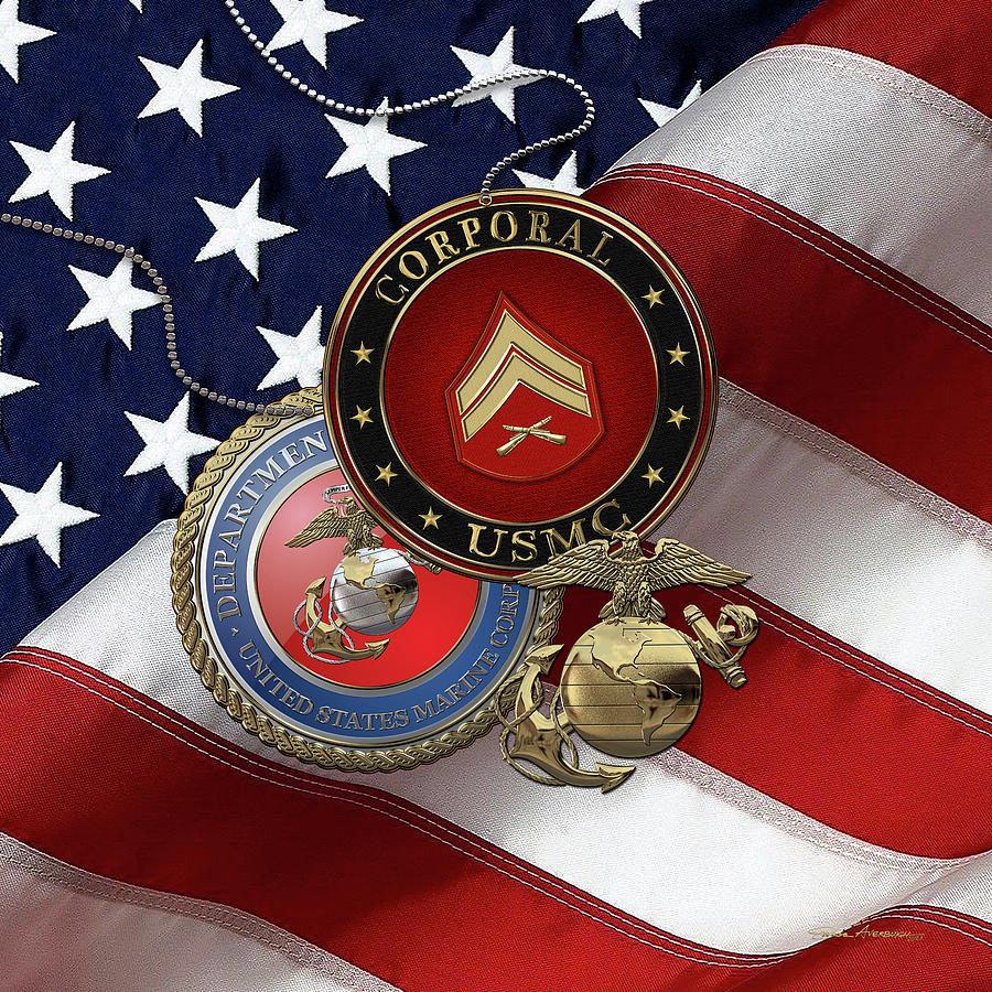 U.S. Marine Corporal Rank Insignia with Seal and EGA over American Flag Digital Art by Serge Averbukh