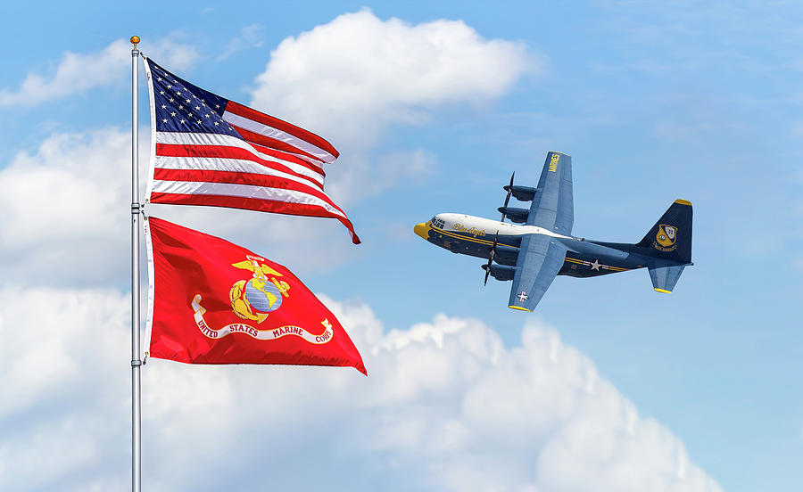 US Marine Flags with Blue Angels Fat Albert Photograph by Steve Rich