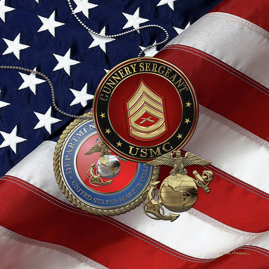 U.S. Marine Gunnery Sergeant - USMC GySgt Rank Insignia with Seal and EGA over American Flag Digital Art by Serge Averbukh
