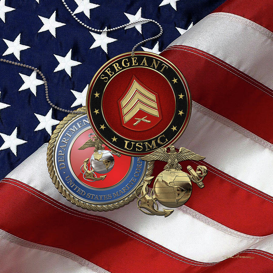 U.S. Marine Sergeant - USMC Sgt Rank Insignia with Seal and EGA over American Flag Digital Art by Serge Averbukh
