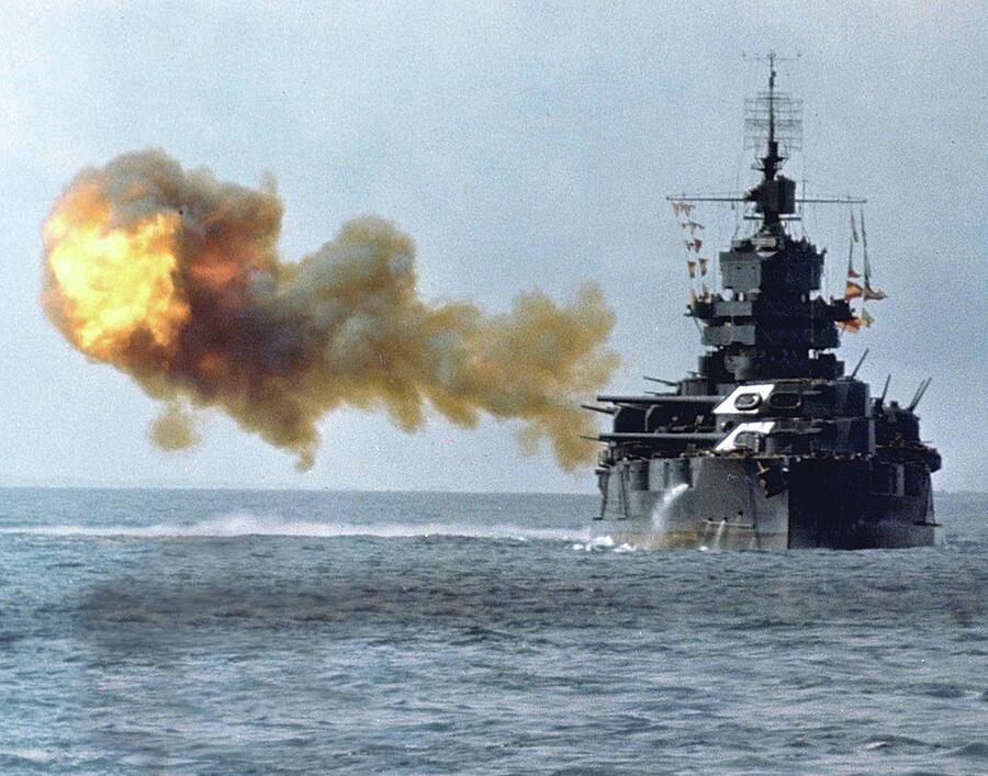 US NAVY. Battleship USS Idaho shelling Okinawa on 1 April 1945. Digital ...