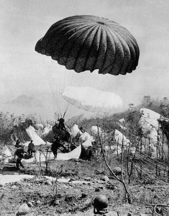 US Paratroopers Landing On Corregidor - WW2 1945 Photograph by War Is Hell Store