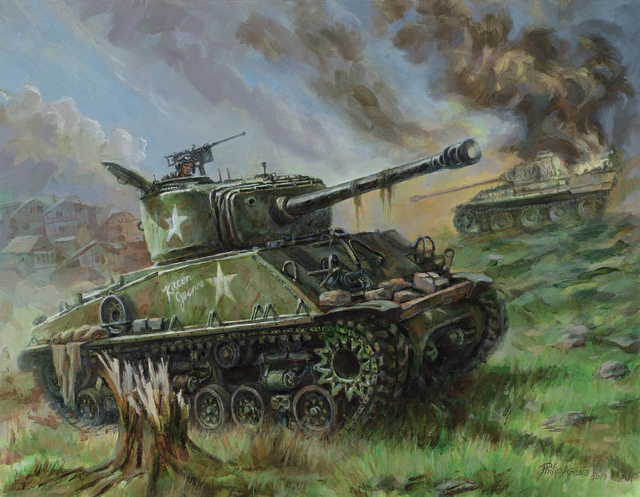 Platoon Movie Painting - US Sherman M4A3E8 tank in World War II by Philip Arena