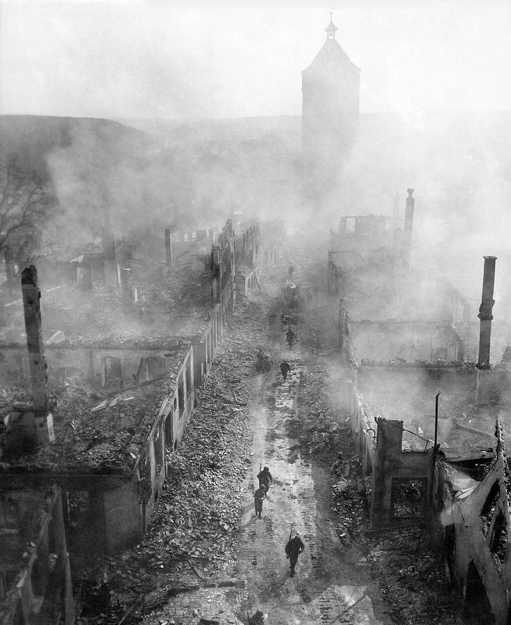 US Troops Advancing Through Bombed Out Waldenburg Germany - WW2 1945 Photograph by War Is Hell Store