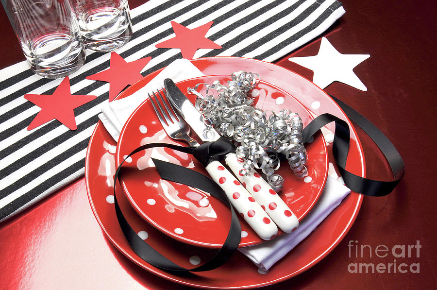 Football Photograph - USA Atlanta Falcons party table settings for Super Bowl National Football League party celebration in navy red, black and white. by Milleflore Images