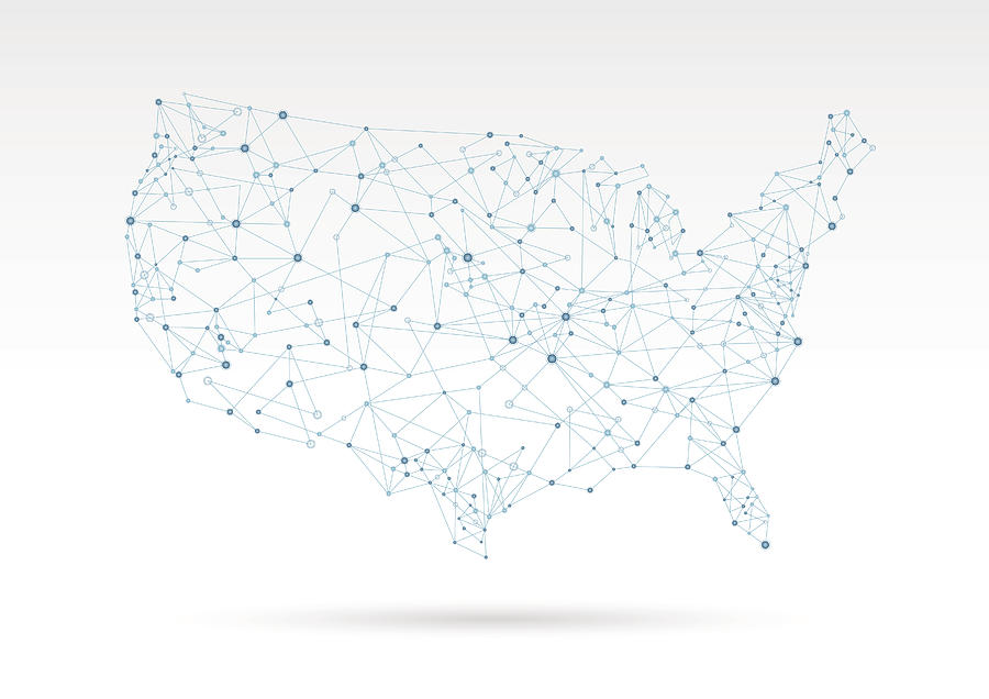 USA blue modern network map on white background Drawing by Iconeer