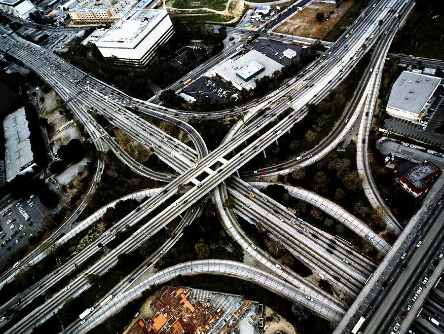 USA, California, Los Angeles, 110 and 101 freeway interchange Photograph by Mike Powell