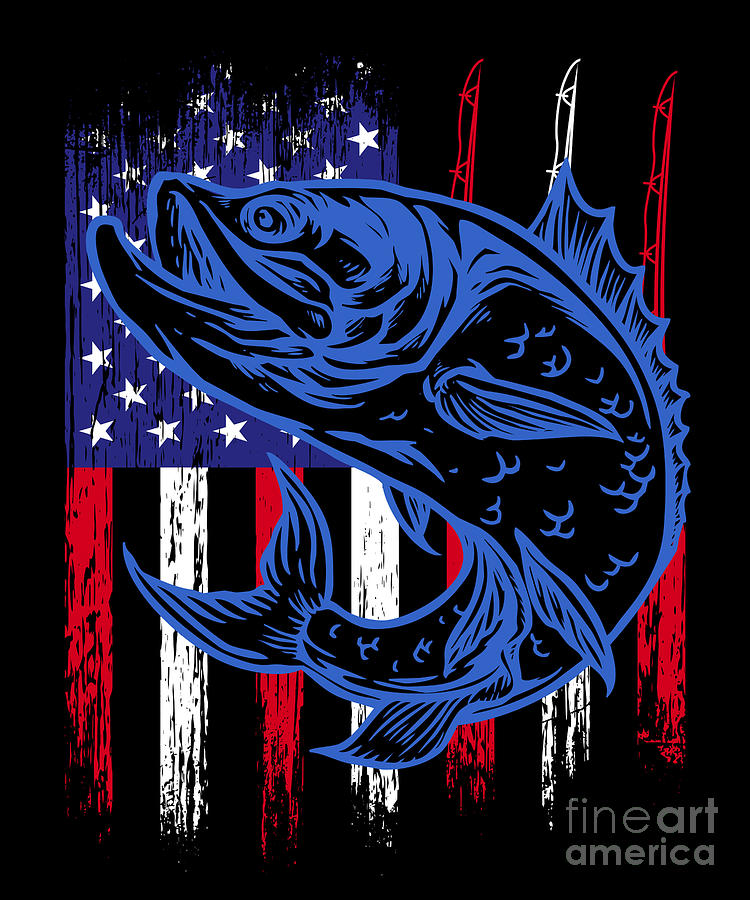USA Flag Bass Fishing Rod Fisher Angling Fisherman Gift Digital