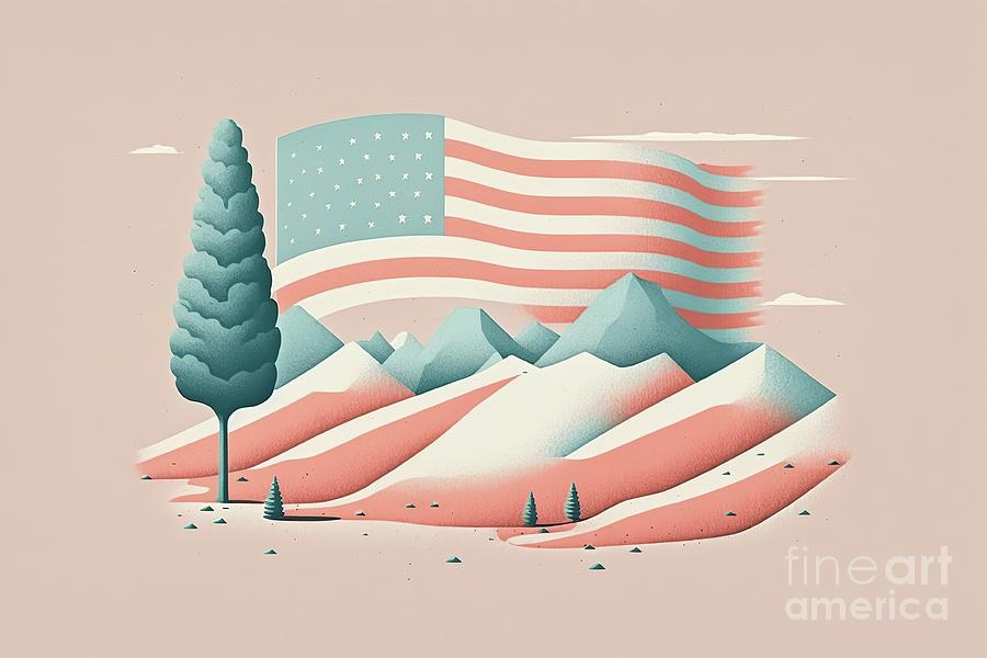 USA flag behind some mountains, flat design illustration. Ai gen Photograph by Joaquin Corbalan