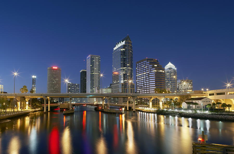 USA, Florida, Tampa skyline with Hillsborough river, night Photograph by Guy Vanderelst