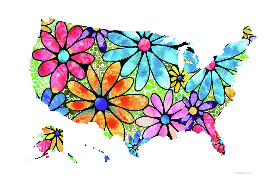 USA Map 33 - Flowers of The United States of America - Sharon Cummings Painting by Sharon Cummings