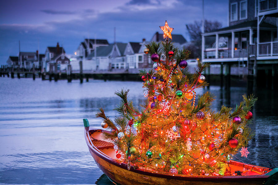 USA, New England, Massachusetts, Nantucket Island, Nantucket Town, small dory with Christmas tree Photograph by Panoramic Images