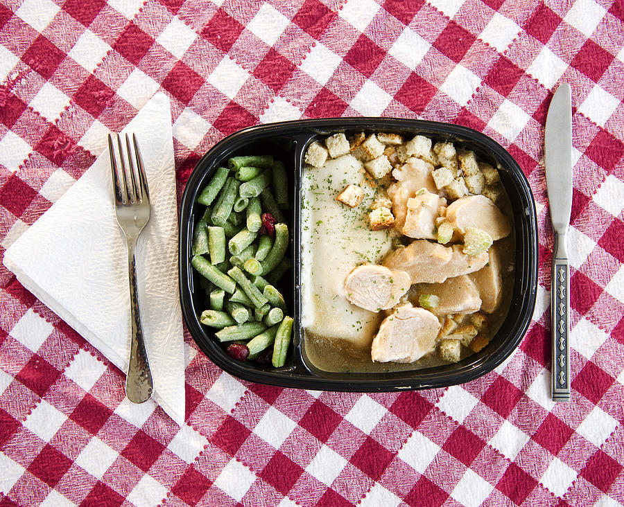 USA, New Jersey, Jersey City, close up of TV dinner on checked table cloth Photograph by Jamie Grill Photography