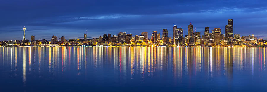 USA, Washington State, Puget Sound and skyline of Seattle with Space Needle at blue hour Photograph by Westend61