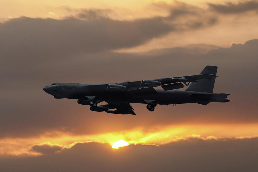 USAF Boeing B-52H Flying in Sunset Mixed Media by Erik Simonsen