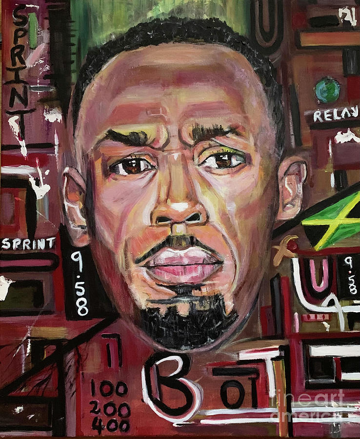 Usain Bolt, GOAT, acryilc portrait Painting by Denise Morgan