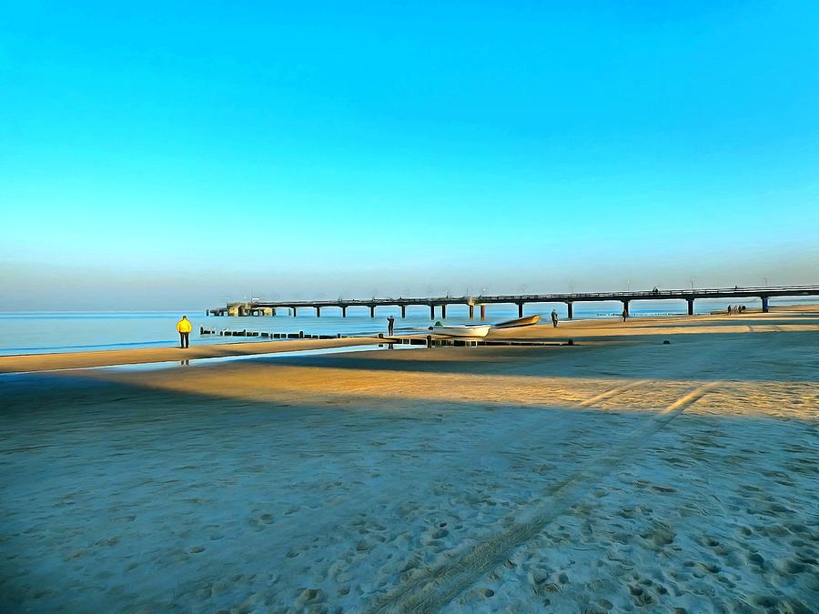 Usedom beach in evening sun with walkers Digital Art by Ralph Kaehne