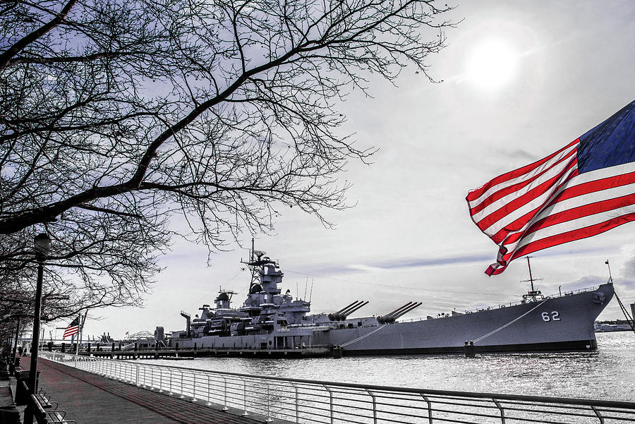 Uss Battleship New Jersey And Old Glory Photograph