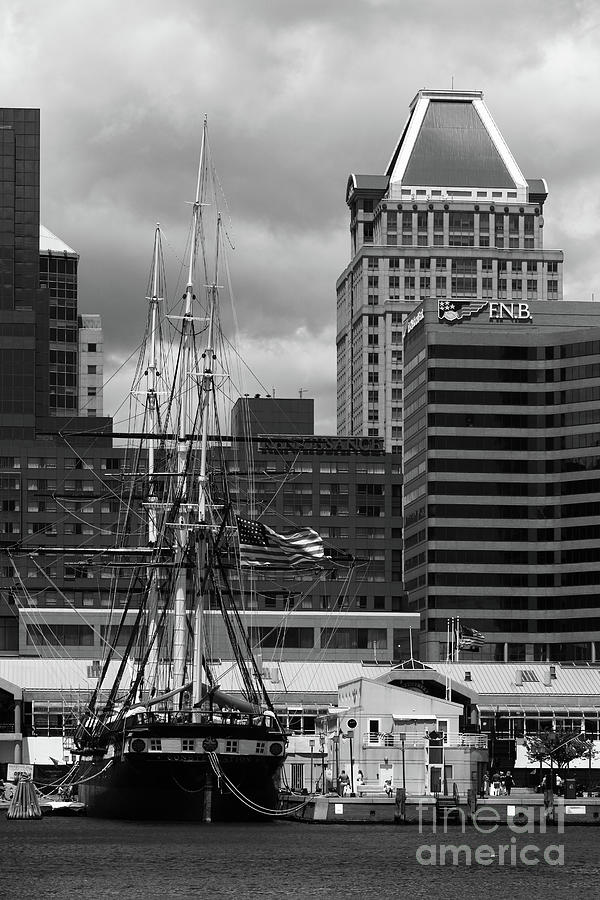 USS Constellation and Commerce Place in Monochrome Baltimore Photograph by James Brunker