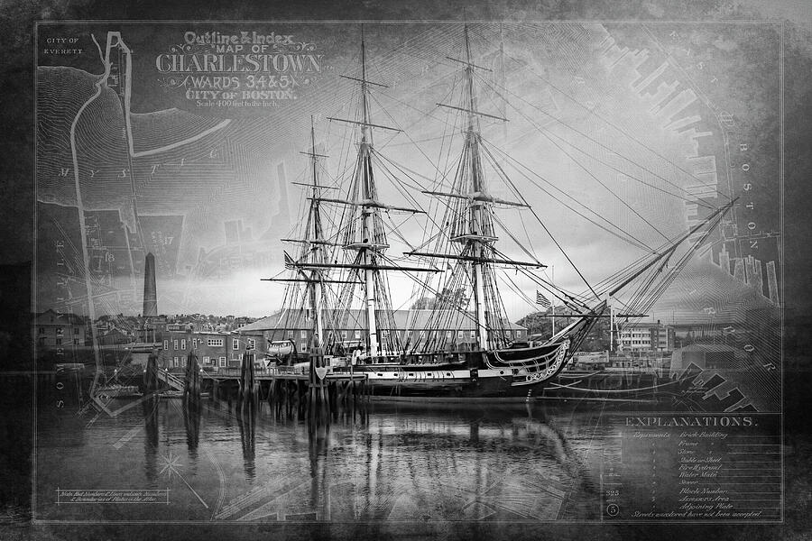 USS Constitution Boston With Charlestown Map Black and White  Photograph by Carol Japp